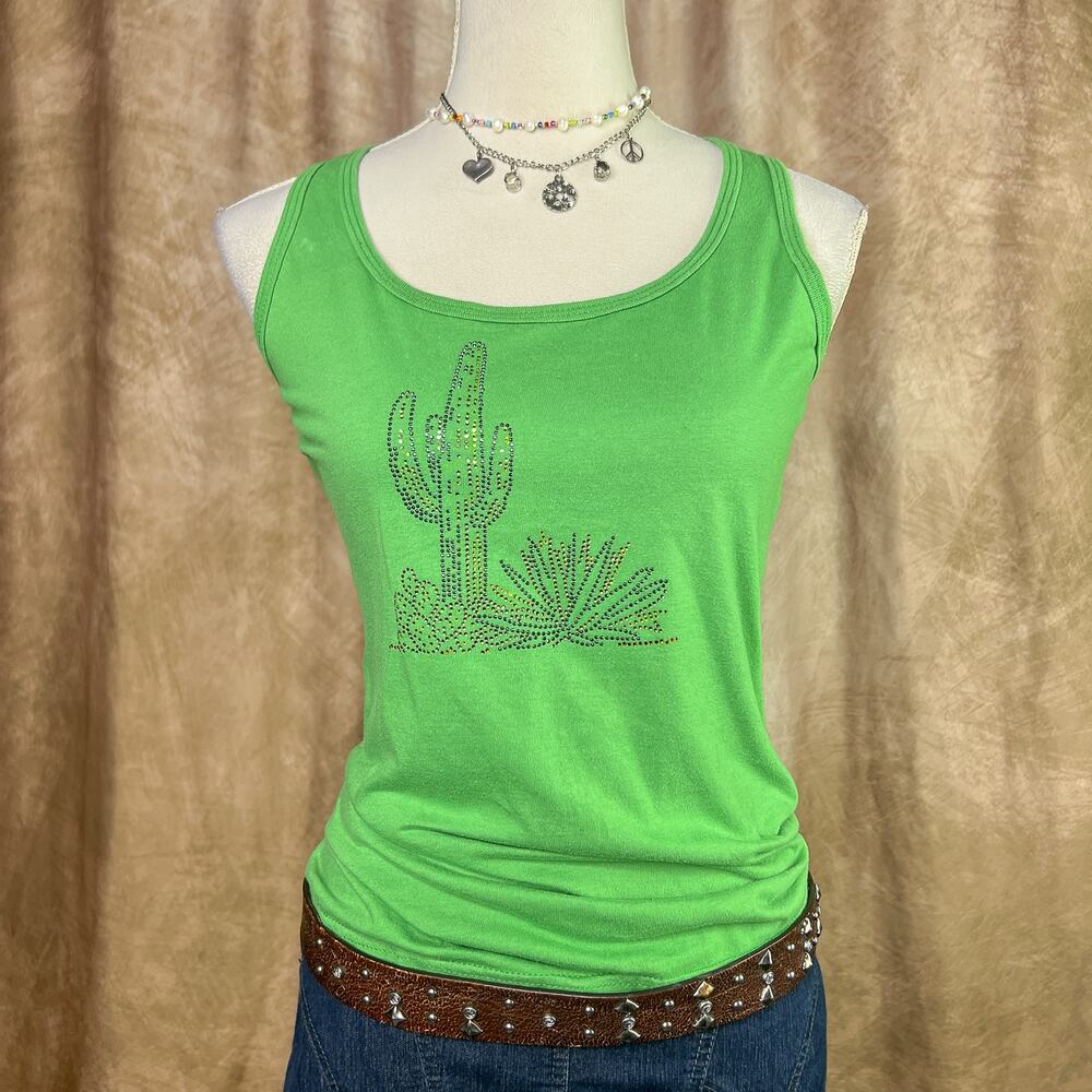 Y2K Rhinestone Tank Top Green Cactus Prickly Pear Yucca Desert Summer Boho